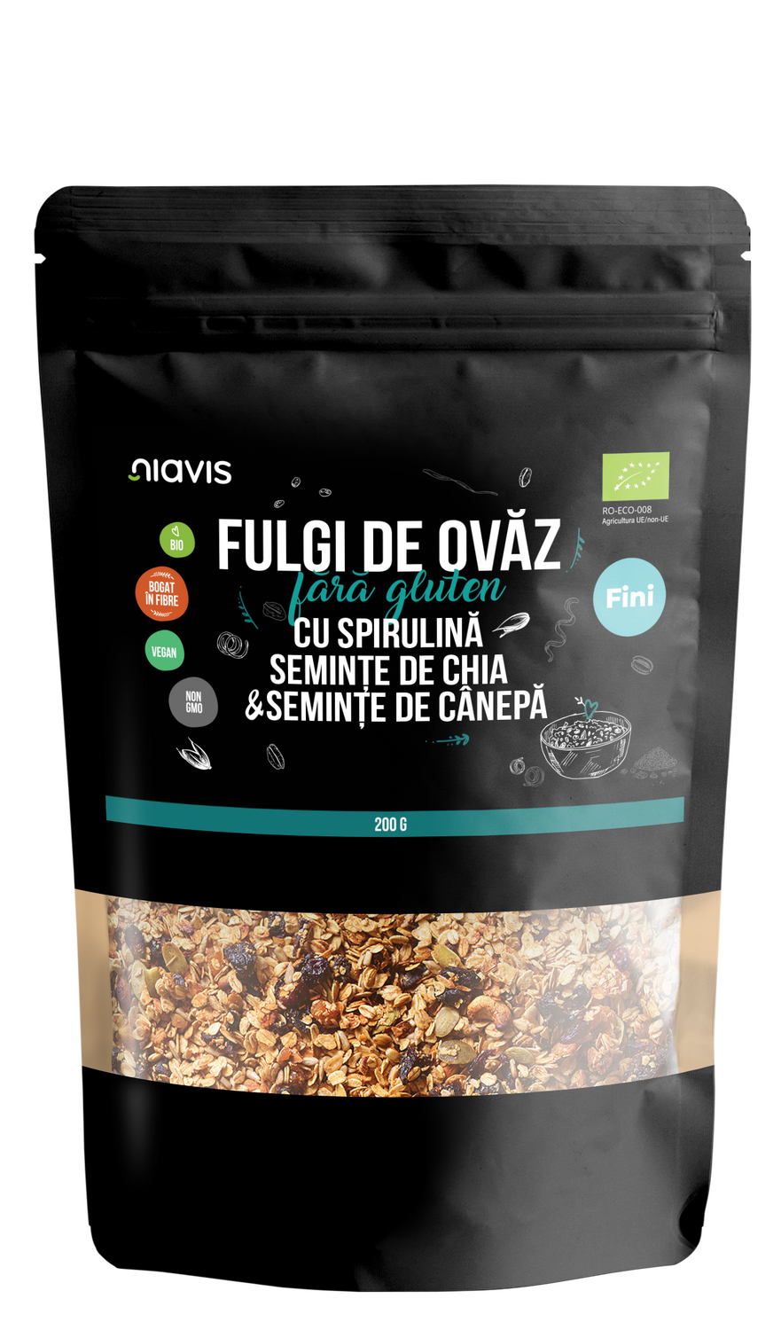 Fulgi de Ovaz Fini Fara Gluten cu Spirulina, Chia si Seminte de Canepa Ecologici/Bio 200g