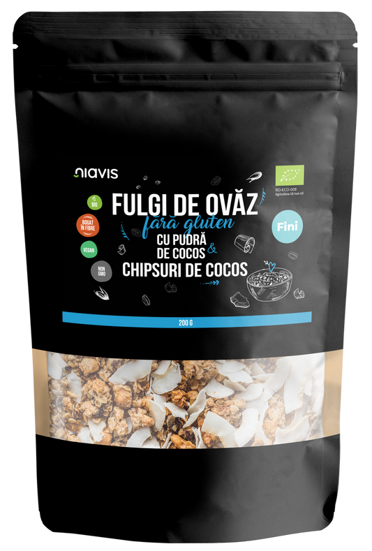 Fulgi de Ovaz Fini Fara Gluten cu Pudra de Cocos si Chipsuri de Cocos Ecologici/Bio 200g