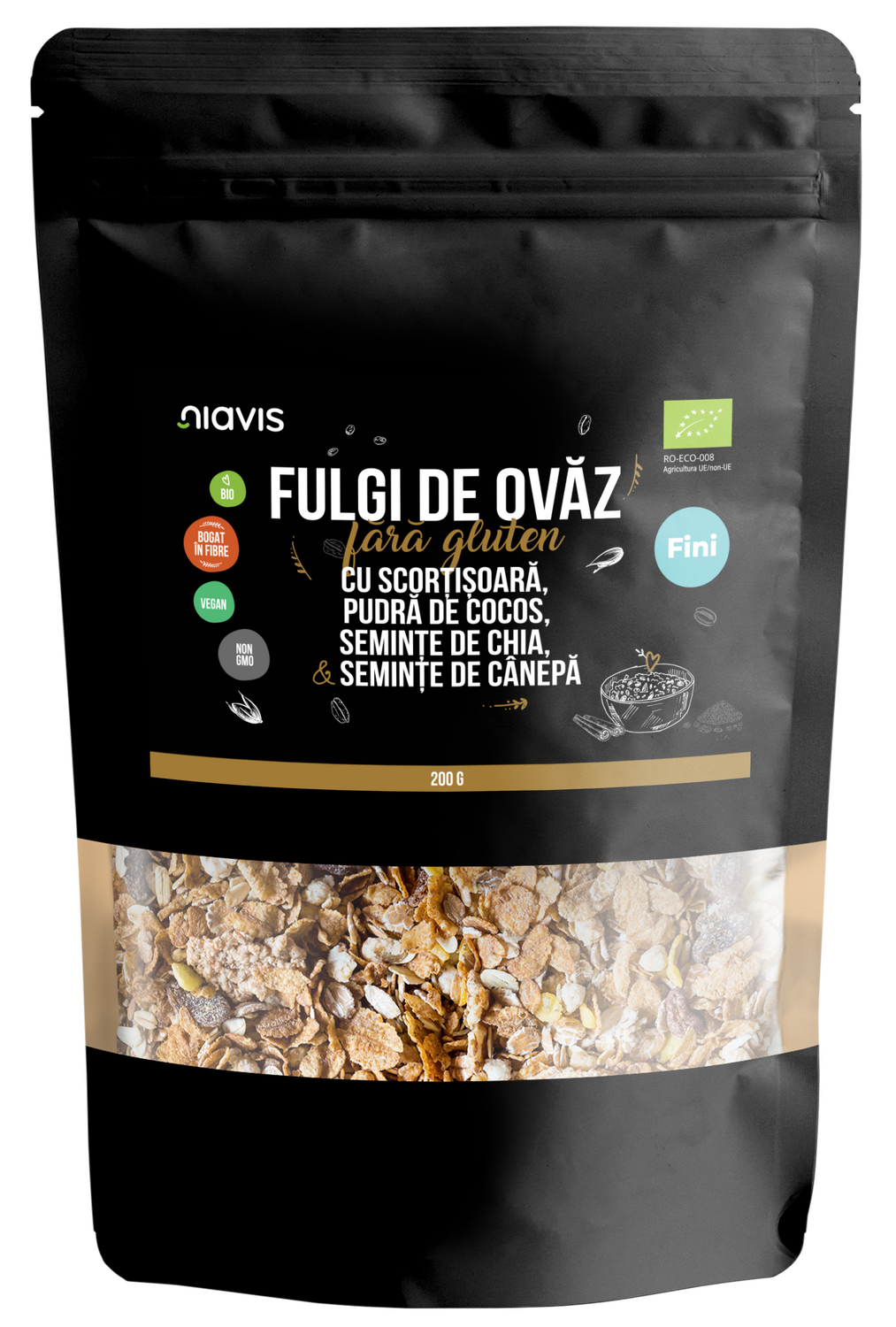 Fulgi de Ovaz Fini Fara Gluten cu Scortisoara, Pudra de Cocos, Chia si Seminte de Canepa Ecologici/Bio 200g