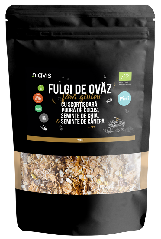 Fulgi de Ovaz Fini Fara Gluten cu Scortisoara, Pudra de Cocos, Chia si Seminte de Canepa Ecologici/Bio 200g