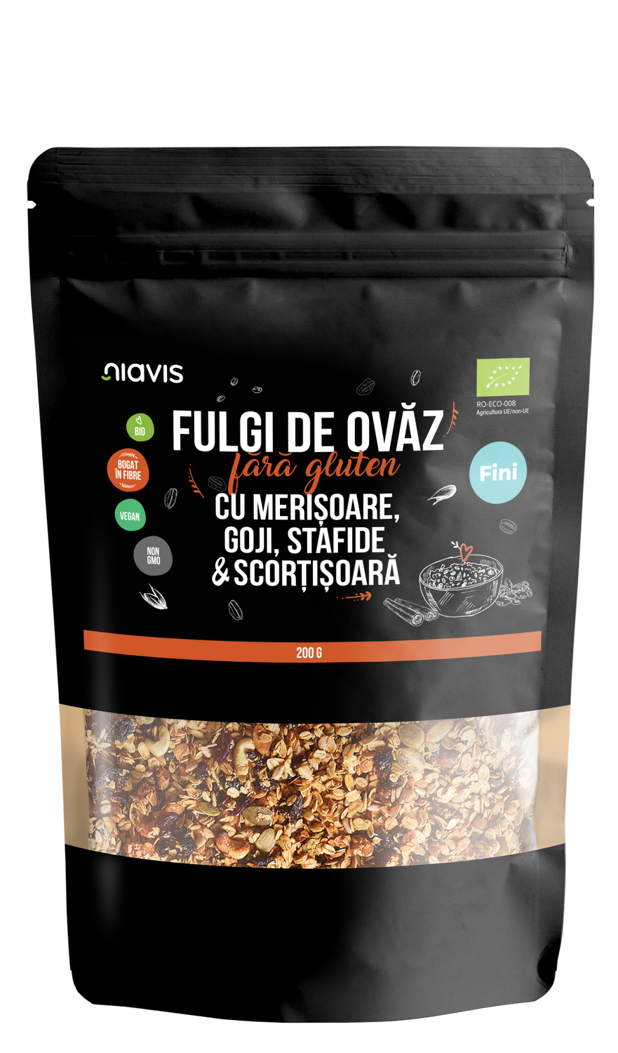Fulgi de Ovaz Fini Fara Gluten cu Merisoare, Goji, Stafide si Scortisoara Ecologici/Bio 200g