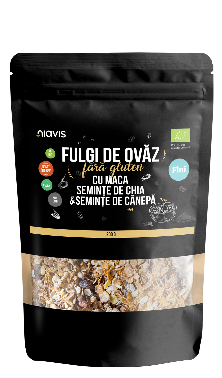 Fulgi de Ovaz Fini Fara Gluten cu Maca, Chia si Seminte de Canepa Ecologici/Bio 200g