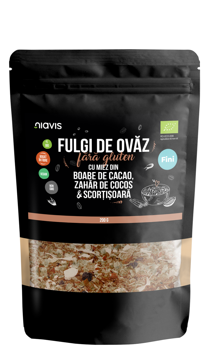 Fulgi de Ovaz Fini Fara Gluten cu Miez din Boabe de Cacao, Zahar de Cocos si Scortisoara Ecologici/Bio 200g