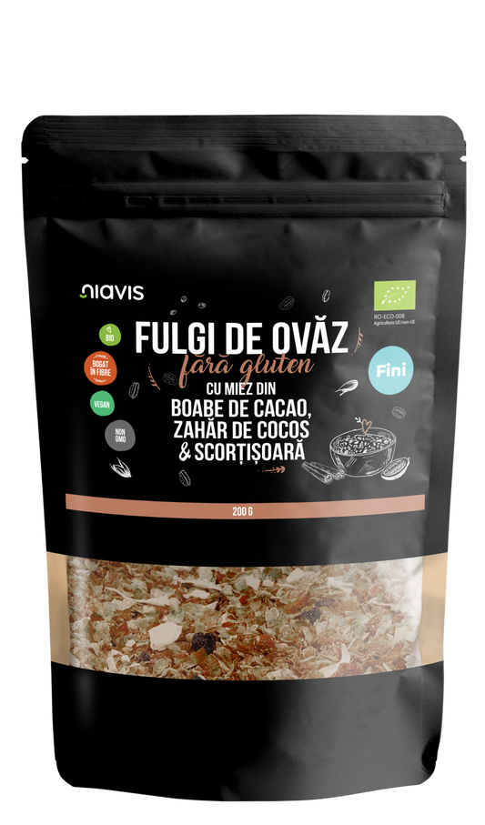 Fulgi de Ovaz Fini Fara Gluten cu Miez din Boabe de Cacao, Zahar de Cocos si Scortisoara Ecologici/Bio 200g